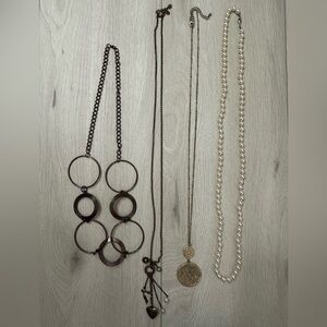 4 Necklace Bundle - 1) faux pearls: 2) multi hoop; 3) tassel; 4) coin pendant